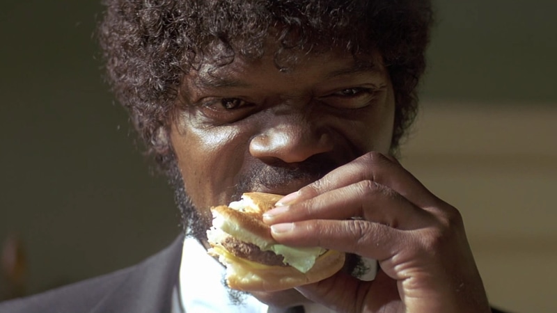 young adult, close-up, finger, burger, Pulp Fiction, messy, indoors, food, front view, eating, human hand, males, men, looking at camera, one person, headshot