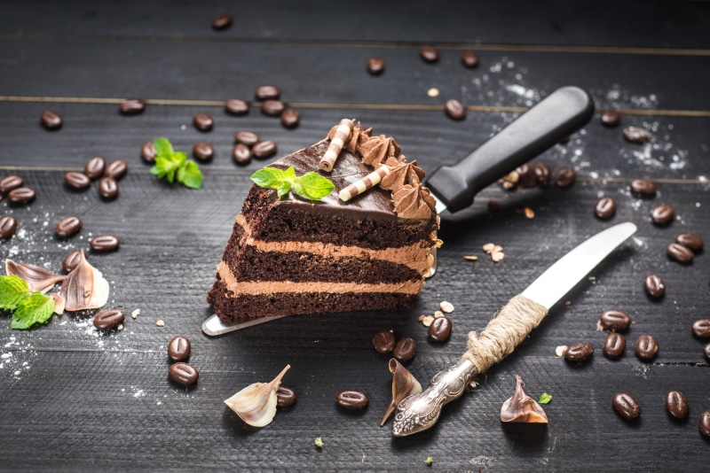 coffee beans, sweet food, temptation, indulgence, 2K, dessert, slice, chocolate cake, wood - material, chocolate, brown, close-up, mint leaves, freshness