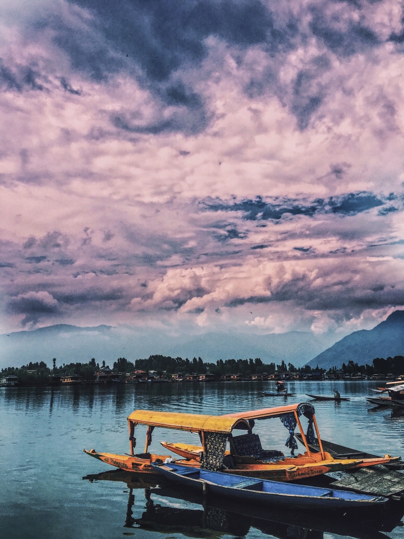 lake, outdoors, clouds, orange color, transportation, nautical vessel, moored, dallake, nature, beauty in nature, real people, kashmir, non-urban scene