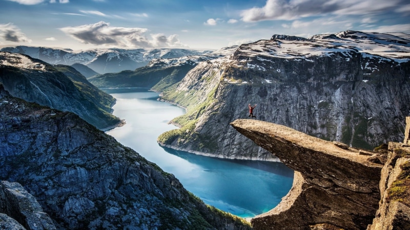 nature, 1080P, wilderness, water, glacial landform, snow, cloud, terrain, fell, fjord, trolltunga, mountain, turquoise water, eu, hardangerfjord, lake