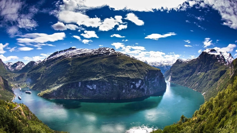fjord, sky, scenics - nature, national park, geiranger, tranquility, reflection, rock, land, water resources, tranquil scene, day, lake, cloud - sky, solid