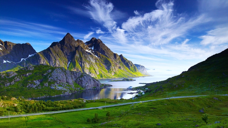 landscape, mountain, 4K, cloud, wilderness, vestvagoy, fjord, europe, lofoten, sky, himmeltindan, mount scenery, mountain range, norway, green, leknes