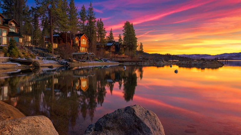 Trees, California, Sunset, USA, Lake, Houses, Rocks, 1080P, Tahoe