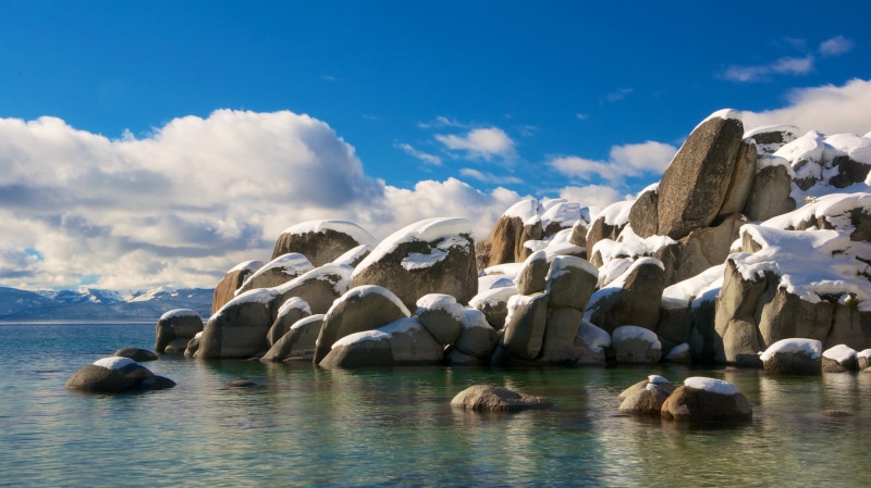 lake, Tahoe, 2K, rocks, California, snow, clouds, sky