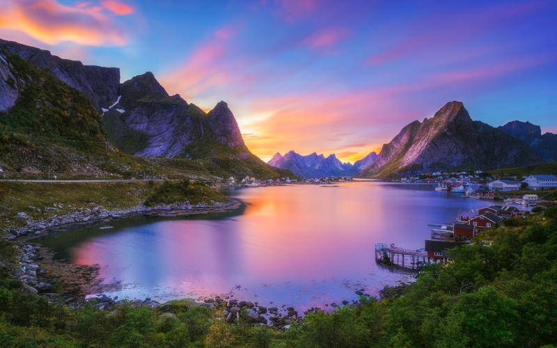 Nordland, Sunset, Bay, Lofoten, Norway, Village, Mountains, Reine, Archipelago, 1080P