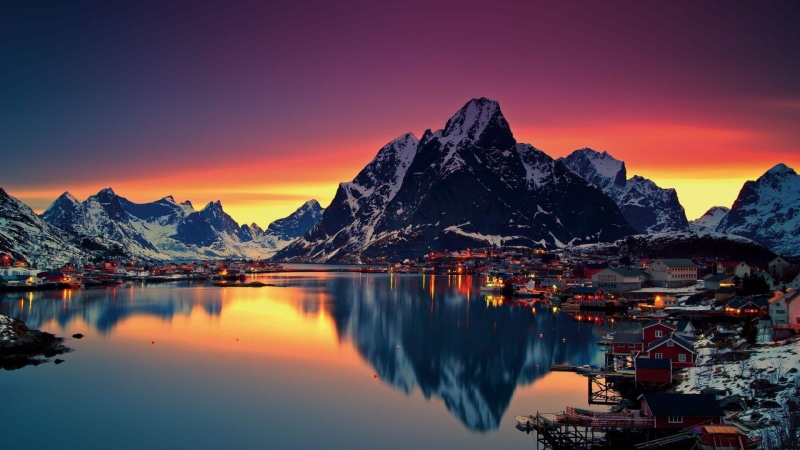 sunset, 1080P, lofoten, norway, lake, cityscape, mountain
