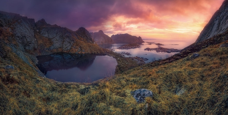 outdoors, nature, beauty in nature, grass, clouds, reflection, mountains, Lofoten Islands, body, lake, Reine, rock, rock - object, town, scenics - nature