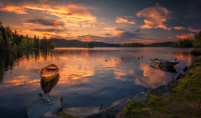 lake, Norway, Ringerike, Ole Henrik Skjelstad, the sky, sunset, 1080P, boats