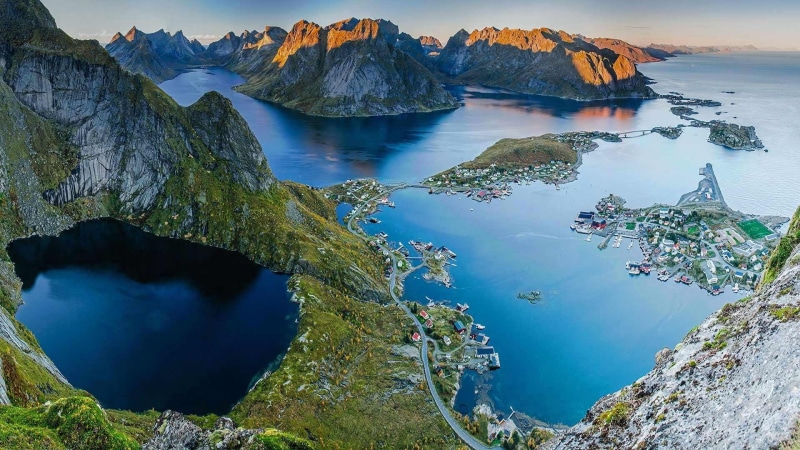mountain, norway, glacial lake, lofoten, lake, mount scenery, tarn, crater lake, reine, fjord, aerial photography, nature, sky, 1080P