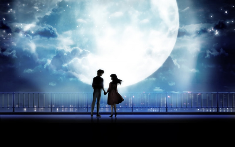 moonlight, holding, 1080P, art, anime, hands, desktop, couple