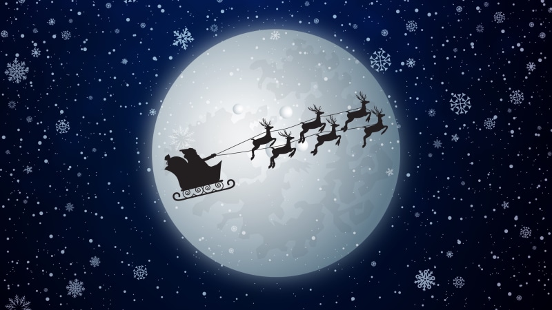 reindeers, reindeer chariot, santa claus, moon, night, santa sleigh, blue, full moon, santa claus sledge, 4K, chariot, deers, graphics, santa sledge, snowflakes