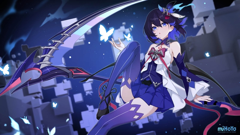 artwork, blue eyes, tights, weapon, anime girls, Seele Vollerei, 1080P, Honkai Impact, shoulder length hair, digital art, blue hair, fantasy weapon, Honkai Impact 3rd
