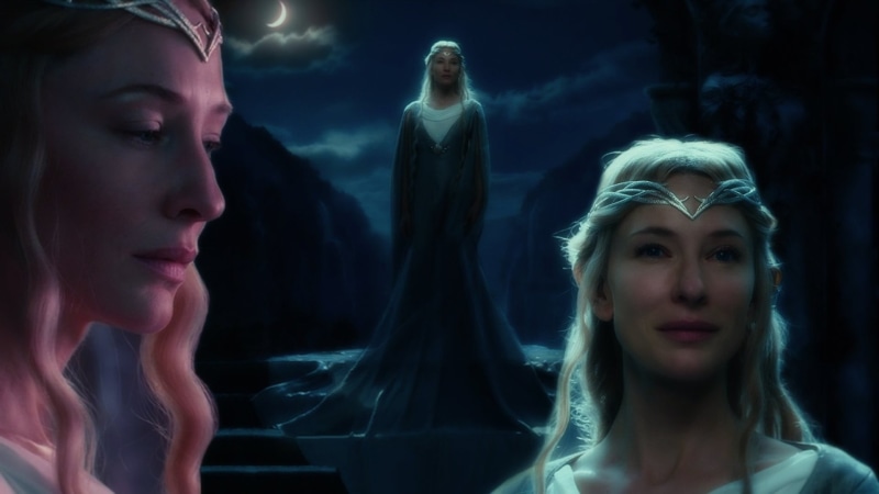 collage, front view, close, watching, 1080P, long, digital composite, looking, fear, wearing, movies, young adult, Cate Blanchett, black, indoors, emotion
