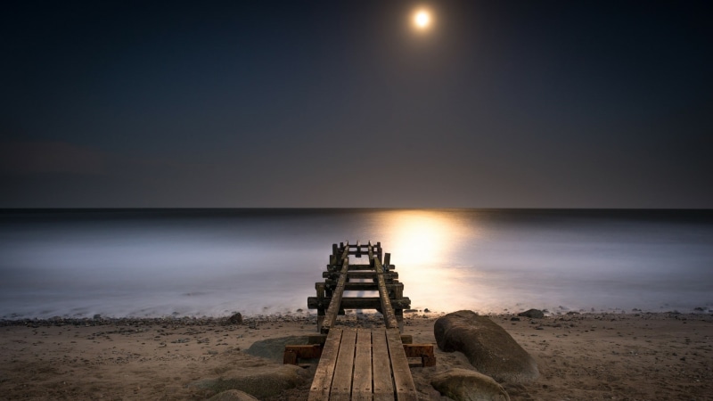 baltic sea, fehmarn, 1080P, darkness, moonlight, night, pier, sand, sky, full moon, beach, calm, moon, horizon, dock, sea, shore, night sky