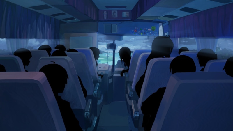 adult, Everlasting Summer, indoors, buses, ceiling, in a row, illustration, rear view, clouds, chair, leisure activity, architecture, seat, vehicle seat