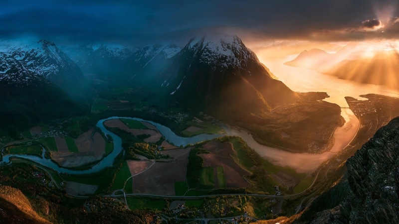 nature, Norway, snowcapped mountain, scenics - nature, cold temperature, valley, bay, panorama, travel, snowy peak, landscape, road, 1080P, cloud - sky