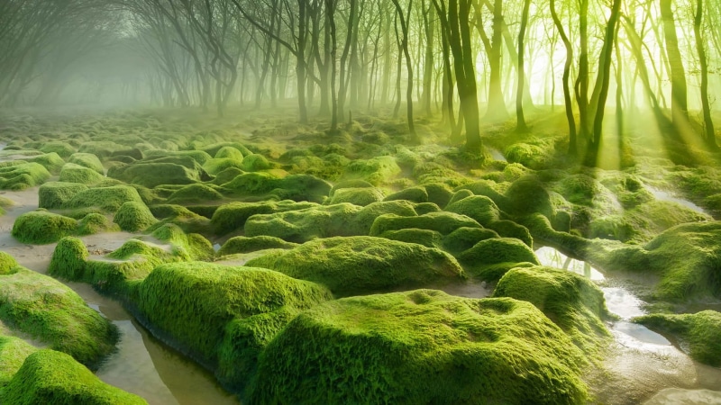 forest, tranquility, freshness, daytime, sun rays, trees, tree, landscape, water, nature, river, woodland, growth, green, moss, land, scenics - nature