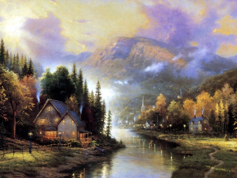 480P, abstract, art, painting, cottage, river, tree, hd