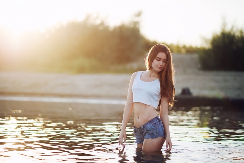 outdoors, women, sunset, jeans, brown hair, in water, one person, hairstyle, hair, sunlight, young adult, young women, Polina Sterzhnykh, portrait, beautiful woman