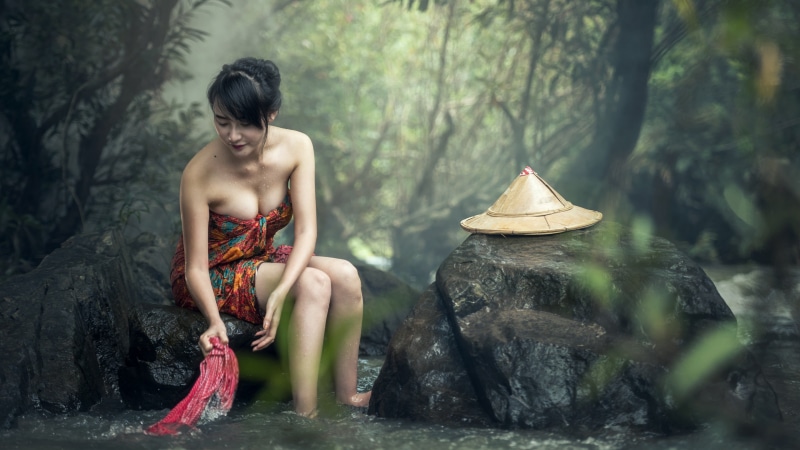 beauty, beautiful woman, river, one person, plant, women, tree, leisure activity, Asian, outdoors, land, floral, fashion, lifestyles, forest, dress, orange
