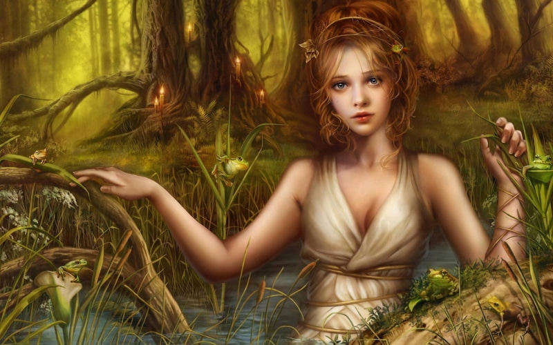 trees, 1080P, 3d and abstract, woman, female, tree, fantasy, grass, water, pond, red head