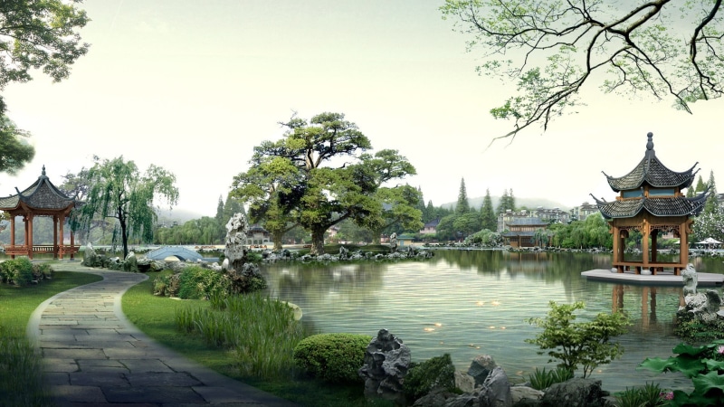 Japan, garden, building, formal garden, belief, religion, path, pond, place of worship, lake, nature, water, plant, building exterior, wooden, 1080P, trees