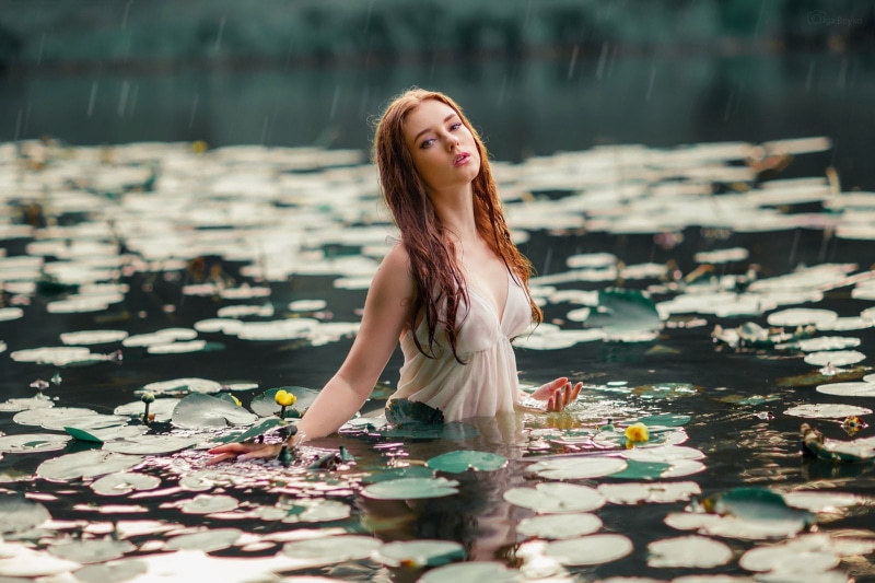 women, Alexandra Girskaya, rain, pond, water, dress, 720P, women outdoors, brown eyes, face, Olga Boyko, wet clothing, redhead, brunette, wet hair