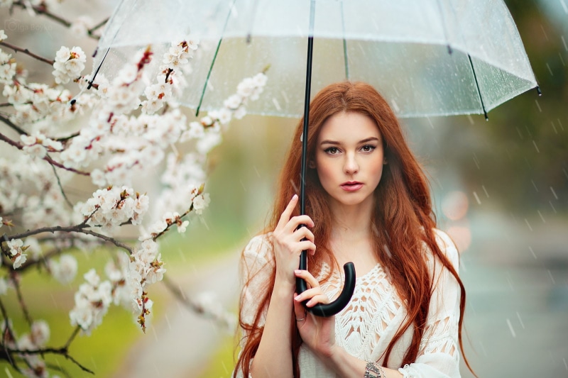 bokeh, umbrella, face, portrait, women outdoors, women, spring, long hair, dress, redhead, Alexandra Girskaya, 720P, Olga Boyko, Alexandra, rain, brown
