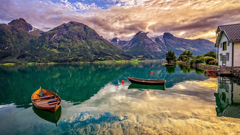 1080P, nature, oppstrynsvatn lake, lake district, reflection, cloud, fjord, morning, water, tourism, mountain, boat, boats, sky, lake, europe, norway