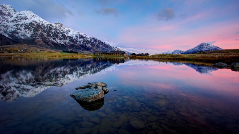 reflection, lake, mount scenery, sky, 5k ultrahd, 5k, tarn, lake wakatipu, loch, mountain range, clubhouse, lake district, resort, new zealand, morning