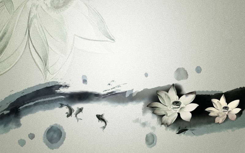 1080P, flowers, koi, drawing, digital/artwork, hd, asian, fish