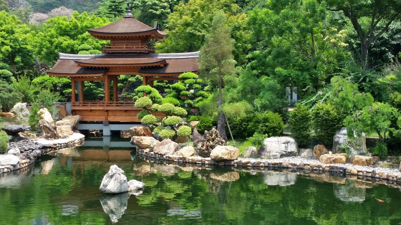 pond, growth, near, solid, nature, beauty in nature, garden, zen garden, plant, japan, outdoors, tranquility, garden architecture, formal garden, no people