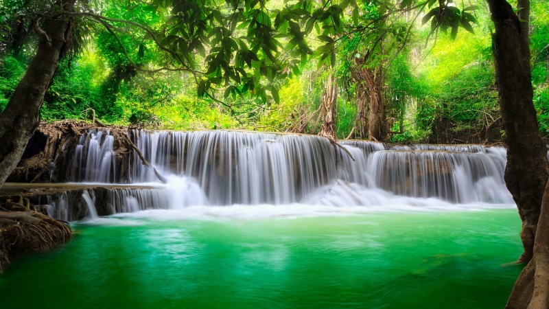 waterfall, national park, erewan waterfalls, pond, kanchanaburi, erawan national park, emerald, asia, thailand, 4K
