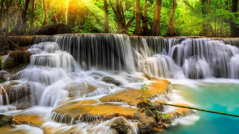 erewan national park, waterfall, thailand, body of water, forest, nature, kanchanaburi, tree, water, creek, chute, landscape, stream, 4K, erawan falls