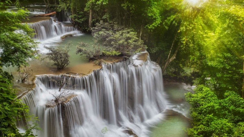 thailand, tree, sunlight, stream, rays, 1080P, erawan waterfalls, waterfall, erawan falls, sunrays, water, erawan, vegetation, erawan national park, creek