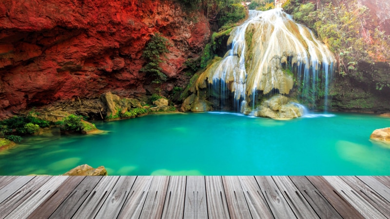 asia, wooden floor, formation, tourist attraction, chute, landscape, national park, wooden, park, 4K, thailand, nature, erawan national park, crag, kanchanaburi