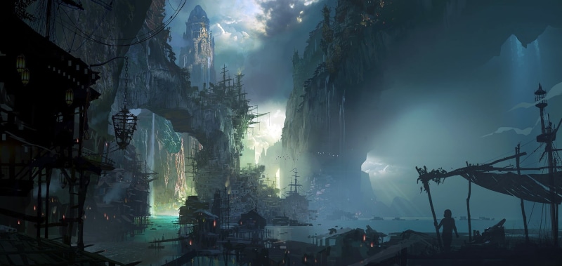 buildings, waterfall, fantasy art, rocks, 1080P, houses, Bilgewater, rock, castle, huts, mount, harbor, fantasy city, sailing ship, artwork, fantasy, game
