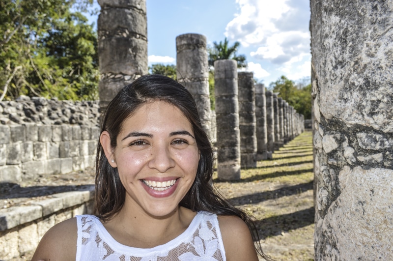 standing, pyramids, post, front view, mexico, chichen itza, looking at camera, sun, headshot, ancient, females, paradise, woman, built structure, the past