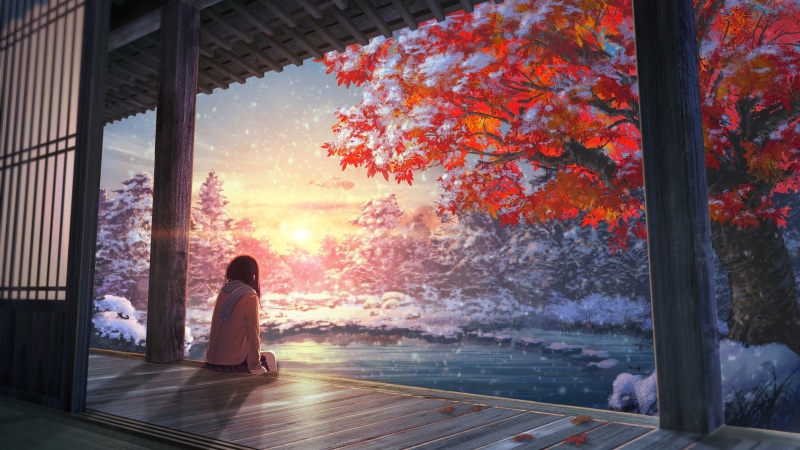 anime art, anime girl, early snow, sunlight, autumn, tree, 4K, red tree, pond