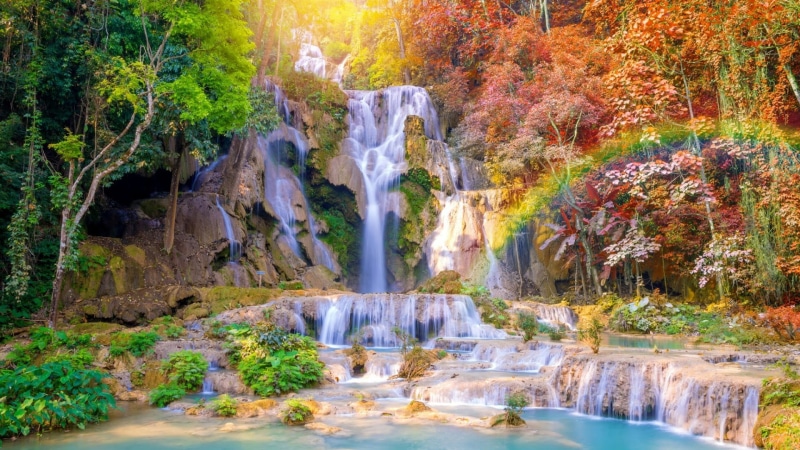 asia, flowing, autumn, flowing water, sunlight, luang prabang, water, rock - object, nature, spectacular, ponds, beauty in nature, scenics - nature, amazing