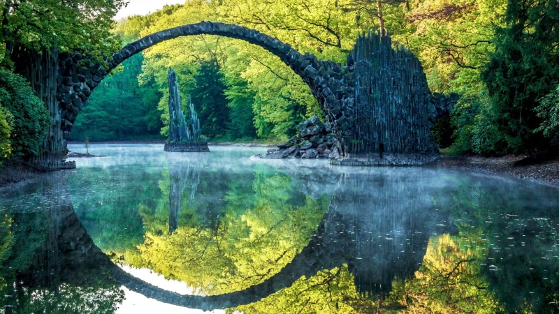 idyllic, green color, growth, non-urban scene, bridge, land, nature, rakotzbrucke, 1080P, forest, no people, waterfront, vegetation, plant, beauty in nature