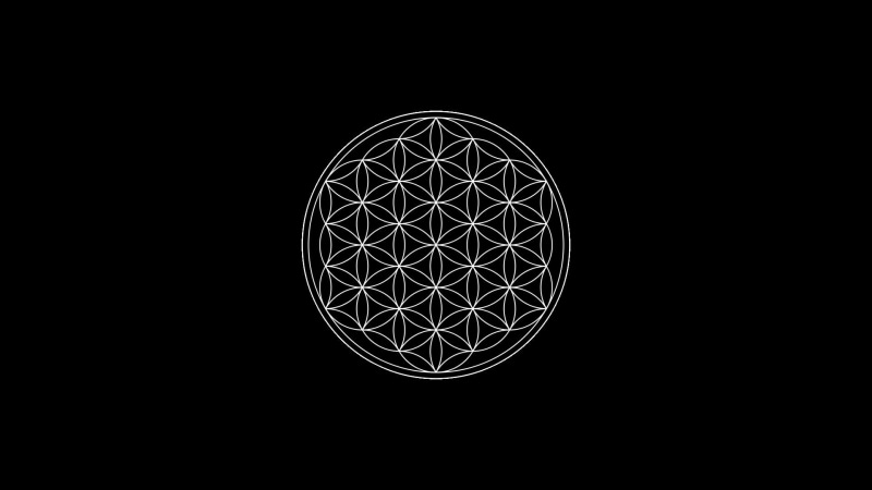 dark, no people, cut out, copy space, technology, pattern, geometric shape, metal, 1080P, close-up, black background minimalism circle symbols sacred geometry flower of life
