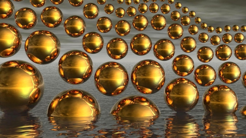 balls, reflected, reflection, spheres, 3d, 4K, gold, water, digital art
