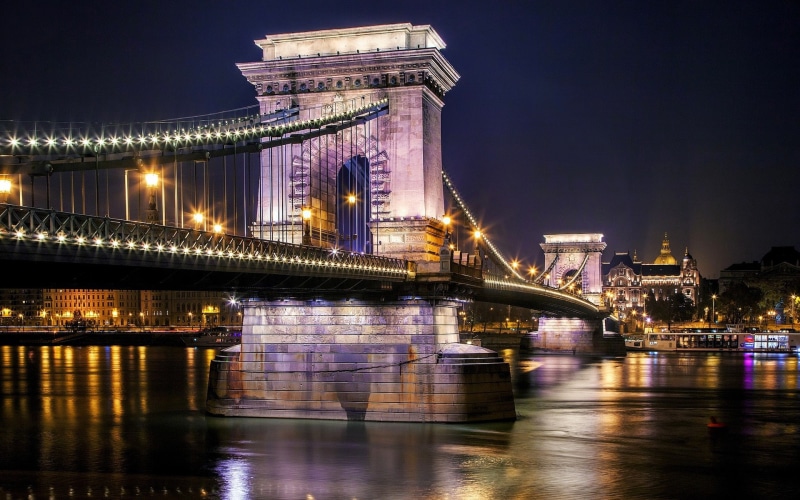 Chain, Szechenyi, Danube, Night, Budapest, River, 1080P, Lights, Hungary, Bridge