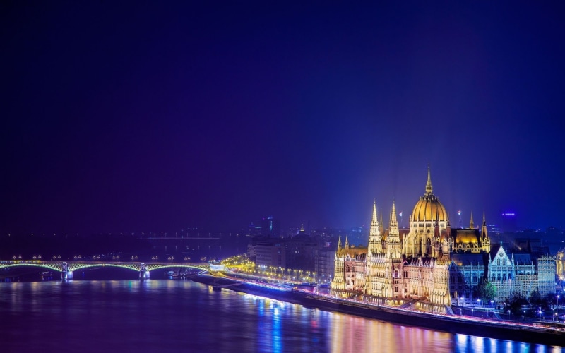 lights, 1080P, night, Hungarian Parliament Building, Budapest, bridge, building, river, Hungary, cityscape, Chain Bridge
