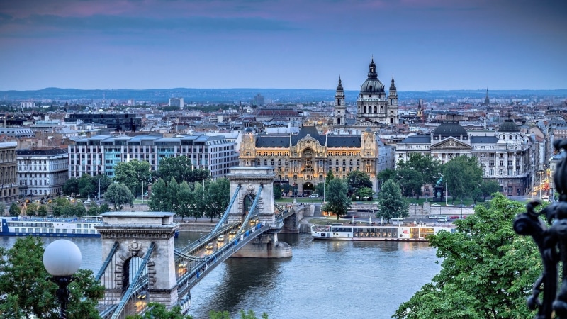 city, place of worship, leafed, built structure, bridge, river, architecture, Budapest, travel destinations, travel, trees, water, lights, ship, bridge - man made structure