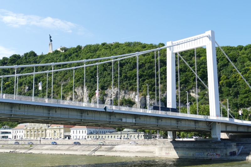 plant, outdoors, mountain, rail transportation, water, transportation, 5K, bridge, statue, railing, connection, river, architectural column, built structure