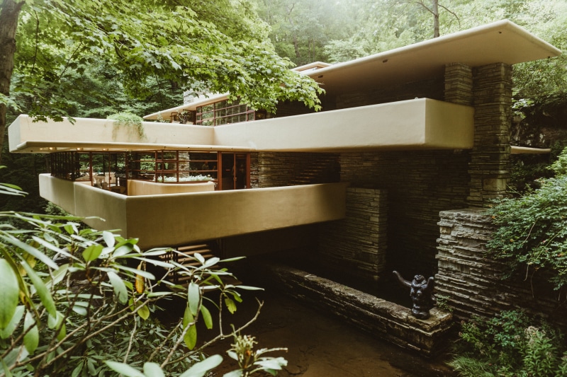 built structure, potted plant, building exterior, banister, brown, deck, concrete, wood, railing, patio, plywood, outdoors, garden, building, pergola, frank lloyd wright