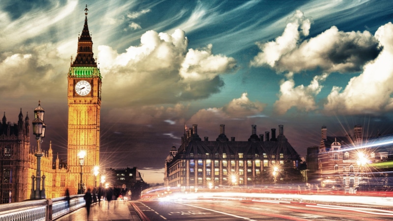 downtown, clock, dusk, cloud - sky, built structure, street, light trail, motion, landmark, night, tower, big ben, building, architecture, sky, westminster bridge