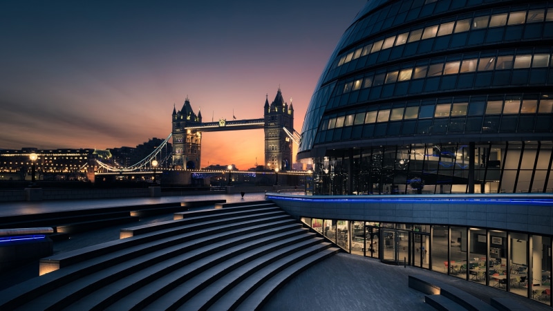 city, 4K, tourist attraction, night, cityscape, dusk, sky, united kingdom, architecture, downtown, landmark, london, england, scoop, tower bridge, city hall